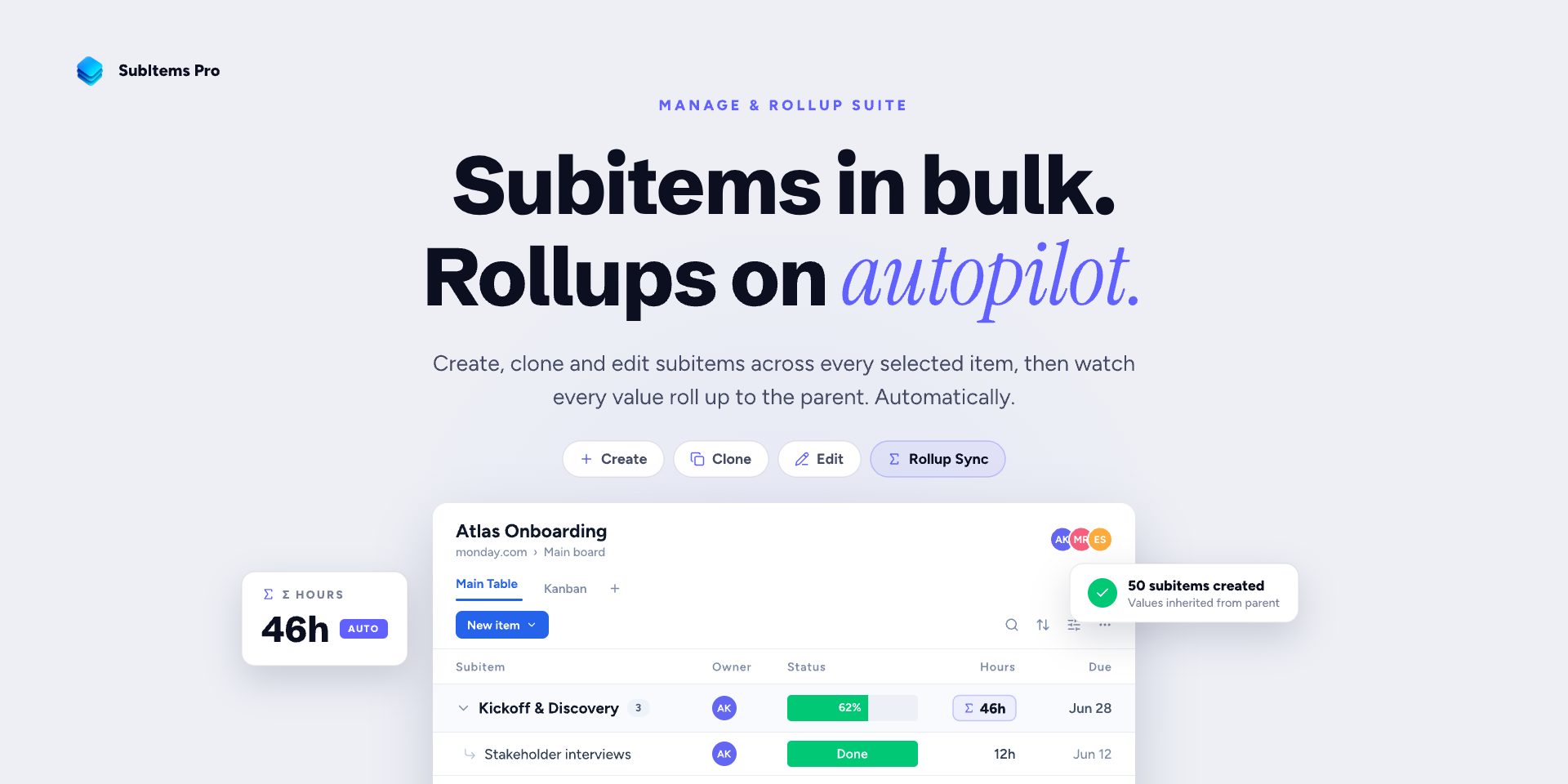 SubItems Pro showing bulk subitem operations and automatic rollups