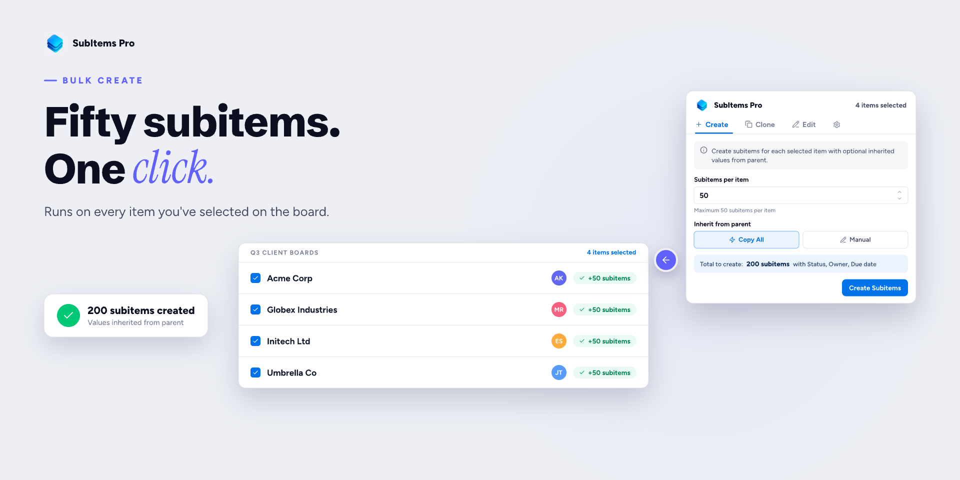 SubItems Pro creating subitems across multiple selected items