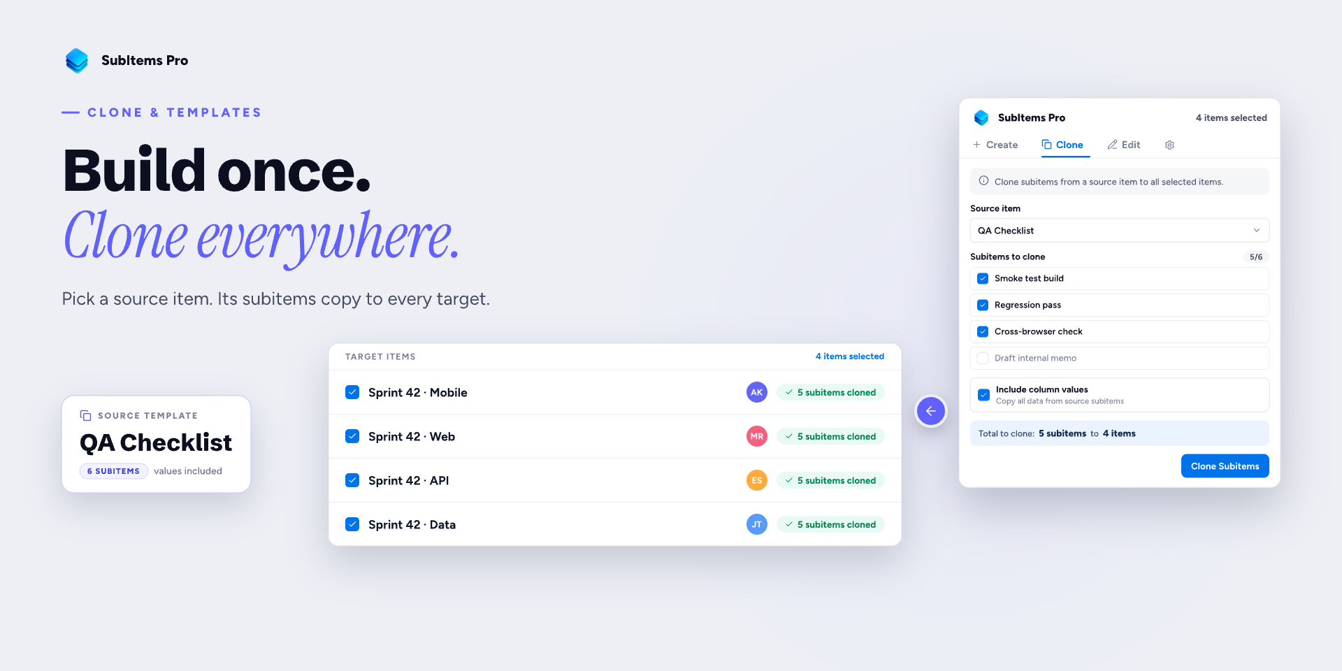 Cloning a QA checklist to four target items